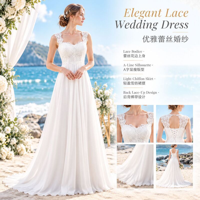 Vintage and minimalist bridal gown with lace detailing, featuring a flowing chiffon design and a long, elegant silhouette, suitable for weddings, church ceremonies, and formal events