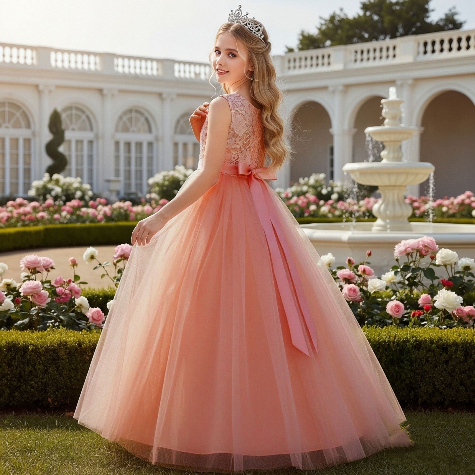 (Wholesale), children's elegant long lace evening dress, Korean style, high waist, princess style 3