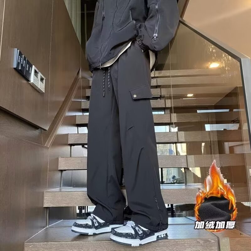 Men's Winter fleece-lined Warm Waterproof Windproof Outdoor Mountaineering Pants American Style High Street Couple Straight Tooling Pants