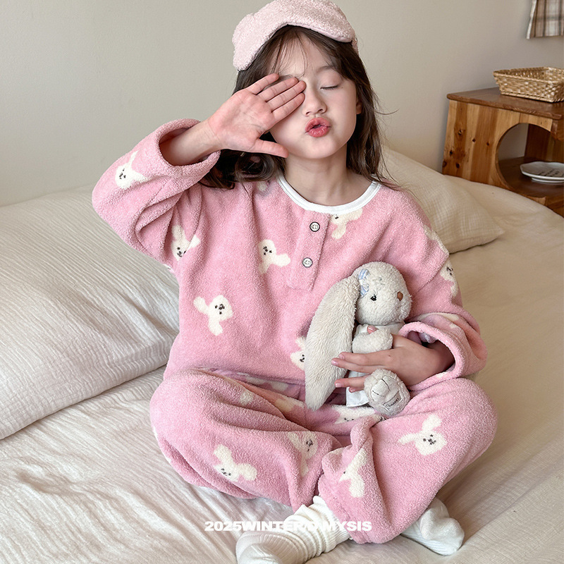 25冬装韩版雪莉绒保暖家居服中大童套装儿童卡通内衣睡衣加厚可爱|undefined