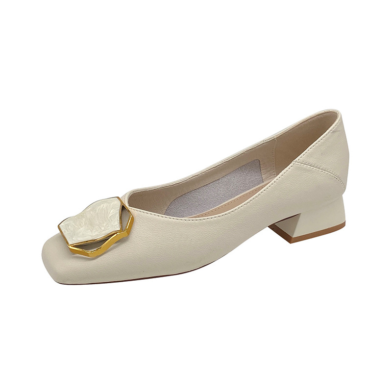 Real cowhide high heels women's 2023 summer new Korean style lazy shoes square toe soft leather shallow mouth thick heel single shoes low heel_voghion.com