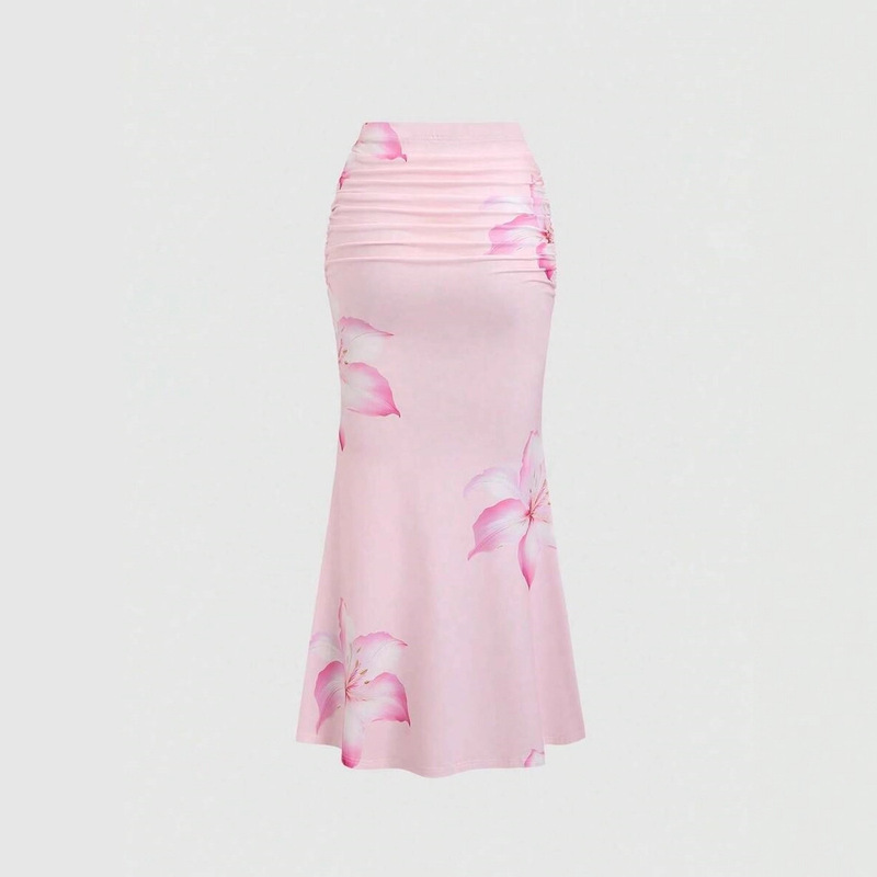 Cross-Border 2025 New European and American Independent Station Casual Vacation Women's Floral Print Elastic Waist Pleated Mermaid Long Skirt Cross-Border 2025 New European and American Independent Station Casual Vacation Women's Floral Print Elastic Waist Pleated Mermaid Long Skirt