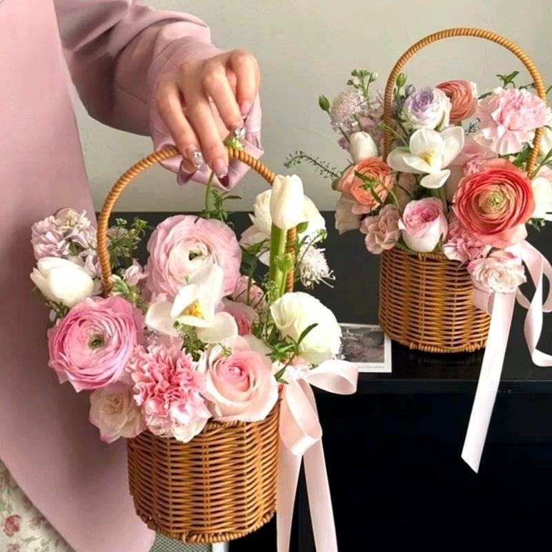Goddess Day Retro Pastoral Style Rattan Hand-Held Flower Basket Iron Art Handmade Plant Weaving Floral Art Class Green Plant Arrangement