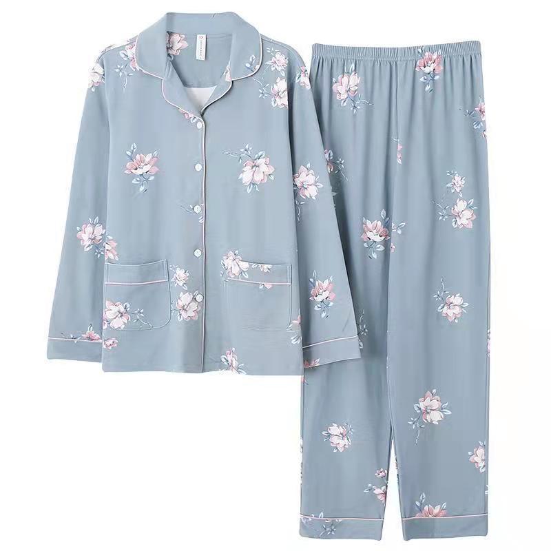 100% pijamas de algodón de las mujeres Primavera y otoño de manga larga delgada Chaqueta de punto traje de primavera y verano suelta más tamaño de la madre ropa de algodón para el hogar