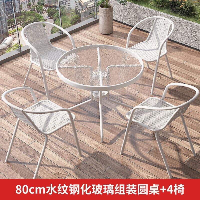 Mesa y silla de balcón de tres piezas, mesas de té casuales, combinación de vidrio blanco plegable, una mesa y dos sillas, mesas de té pequeñas