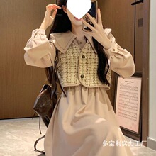 学院风甜美娃娃领连衣裙女收腰显瘦中长裙子+格纹马甲女两件套装