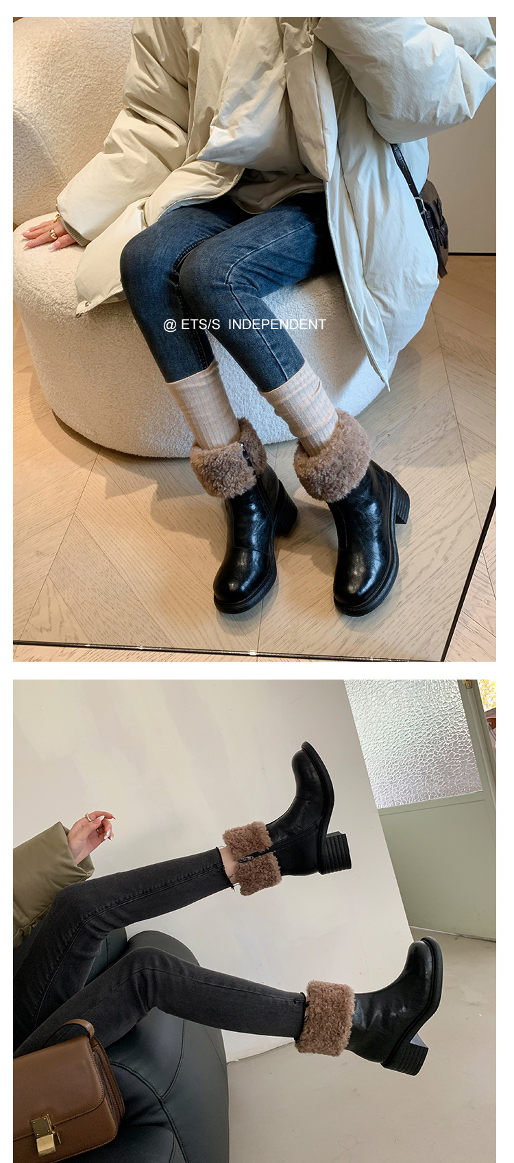 Boot nữ mũi tròn cổ ngắn lót lông giữ ấm gót cao — màu đen chi tiết 22