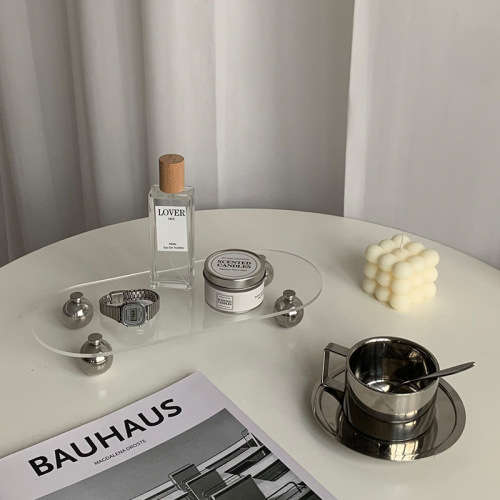 Nordic transparent acrylic storage tray decorative metal round leg desk accessory shelf plate photo prop