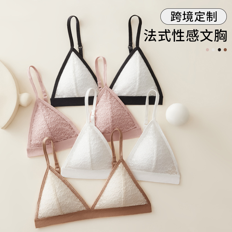 Copa triangular de encaje francés ropa interior mujer amazona pequeña copa delgada reunida ropa interior sin anillo de acero bra bra al por mayor image 2