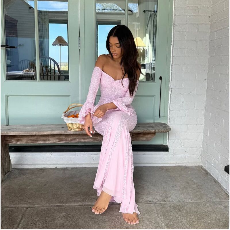 European and American Cross-Border Autum Hot-Selling New Fashion Sexy Slim One-Shoulder Trumpet Sleeve Fishtail Dress for Women 2051