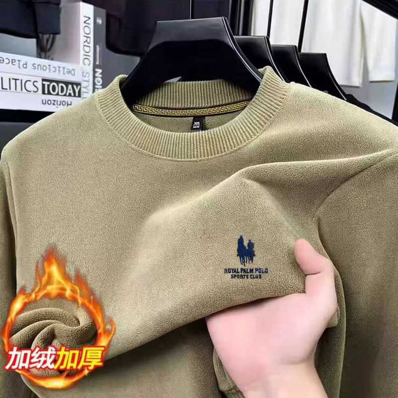 Double-sided fleece base shirt for men and women, winter warm, fleece-lined, thick, solid color, embroidered, round-neck, long-sleeve sweatshirt