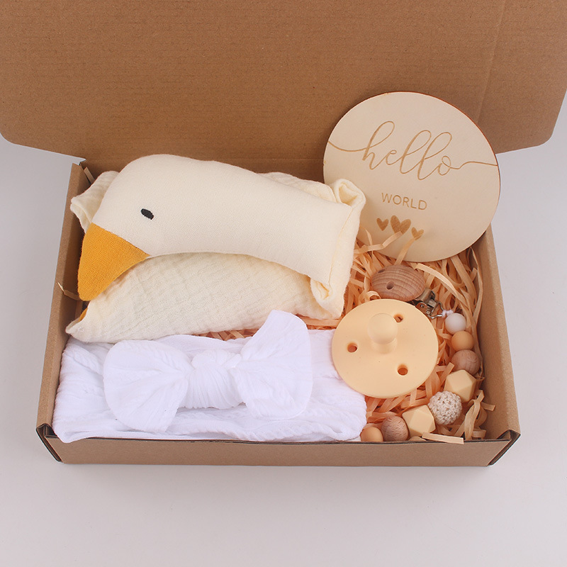 Baby algodón gaza toallas pacificantes marionetas cisne baby bow correa de cabello tetina cadena de cinco piezas caja