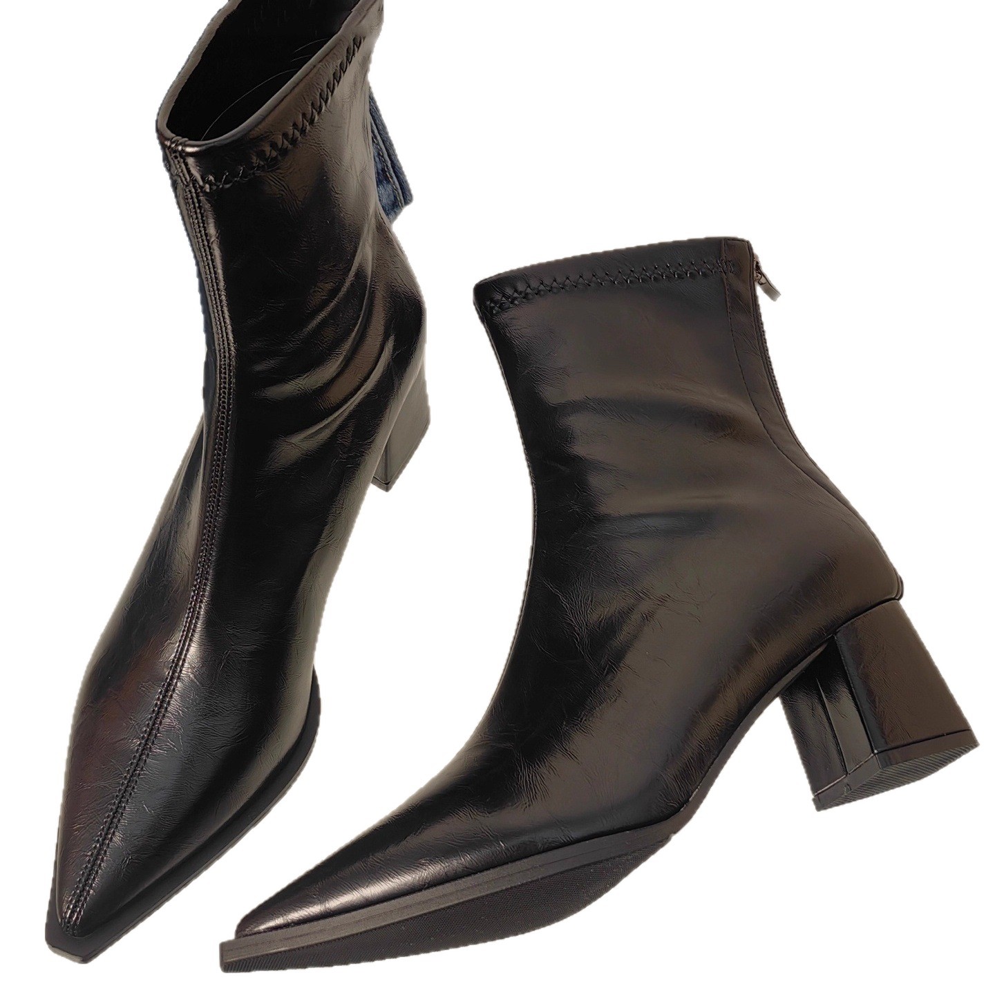 Women's Black Fleece-lined Leather Pointed Toe Ankle Boots_voghion.com