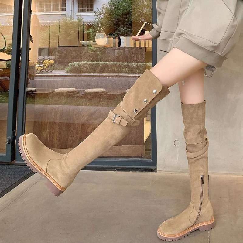sukii レトロブラウンツーウェアメイラードスエードハイブーツ太ヒールニーハイブーツハイブーツレディース