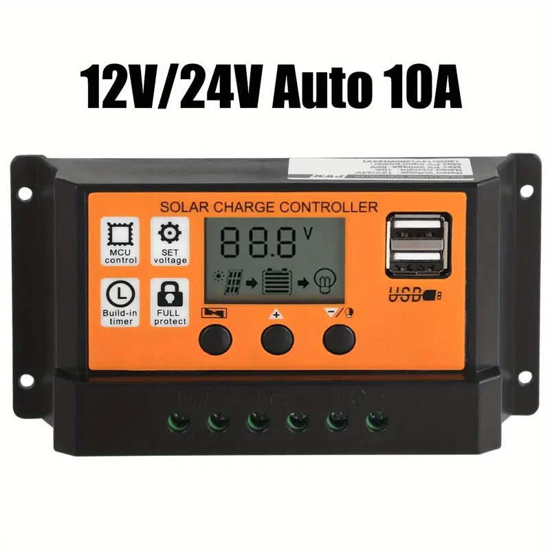 Controlador de carga solar - automático de alta eficiencia 12V / 24V con pantalla LCD, puerto USB dual