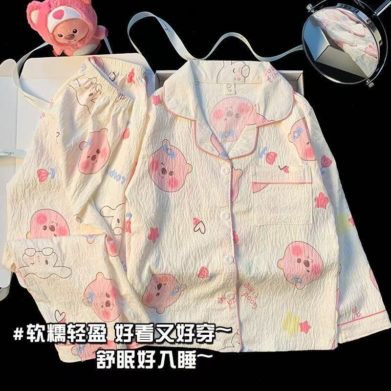 Pijamas de otoño al por mayor transfronterizos mujeres nuevas nubes de algodón de manga larga con solapa pequeña manga larga pantalones largos casuales set de ropa casera