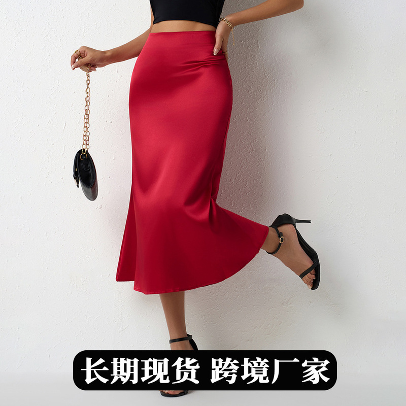 Real Shot of European and American Cross-Border Women's Fishtail Satin Skirt Spring and Summer New Mid-Length Satin Skirt Manufacturer