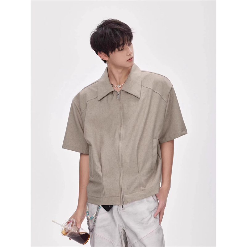Summer Double Zipper Short-Sleeved Shirt Jacket for Men, Summer American Fashion Brand Simple Loose Short Shoulder Pad Shirt for Men