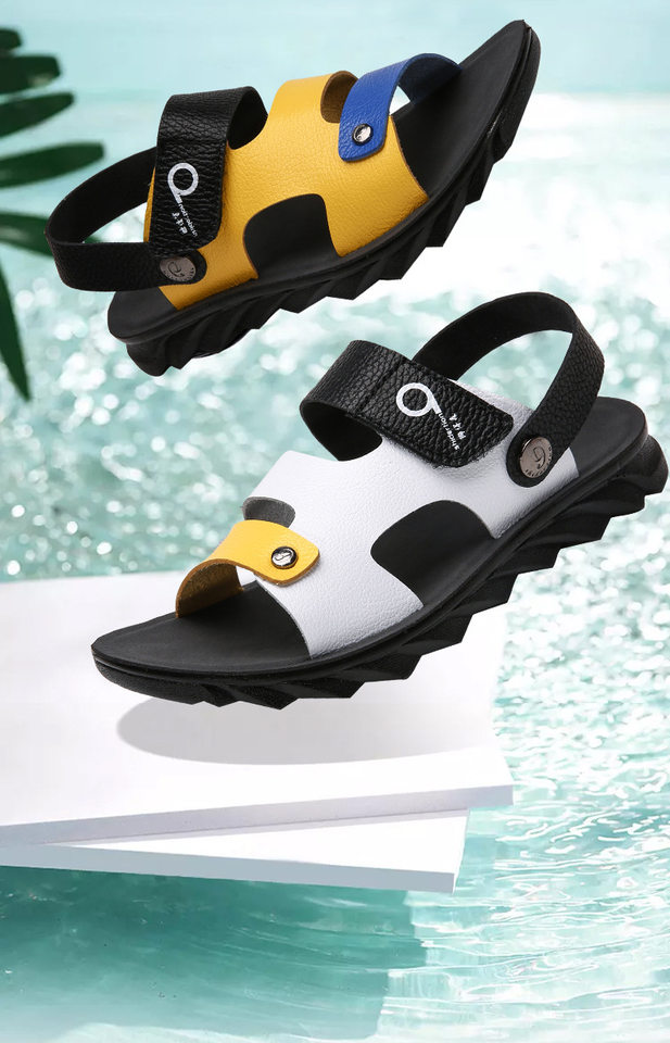 Dép sandal trẻ em mùa hè đế mềm thoải mái cho bé trai, dép đi biển chất liệu da siêu sợi, kiểu mũi tròn — Hắc Bảo Lan, Đen trắng, Đen vàng chi tiết 3