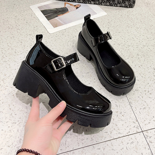 Korean version small leather shoes for women, Korean daily round head large head JK uniform Ins black retro lo thick sole Mary Jane shoes