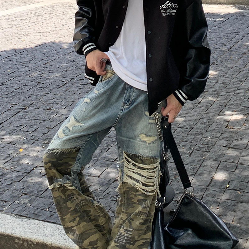 Junge Europäischen Und Amerikanischen Stil Pad Tuch Camouflage Patchwork Zerrissene Jeans 2025 Neue Street Fashion Design Lose Gerade_voghion.com