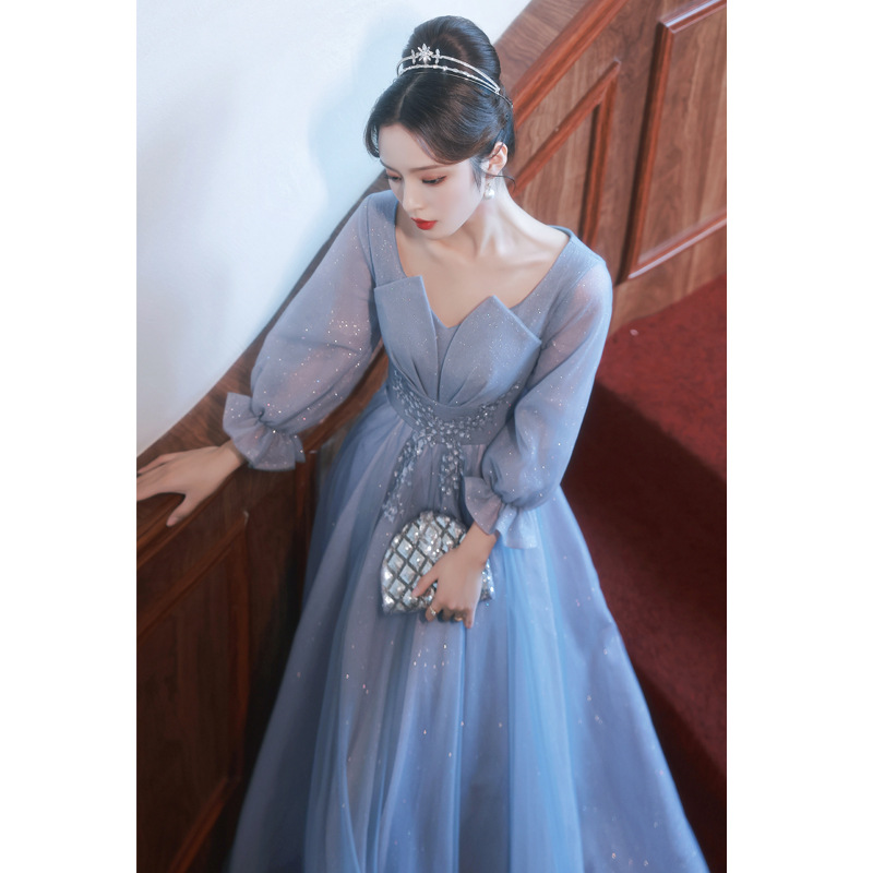 Vestido de noche azul para mujer, nuevo modelo 2026, diseño de calidad para banquetes, actuaciones vocales, exámenes, presentaciones y reuniones anuales, con cuello en V profundo.