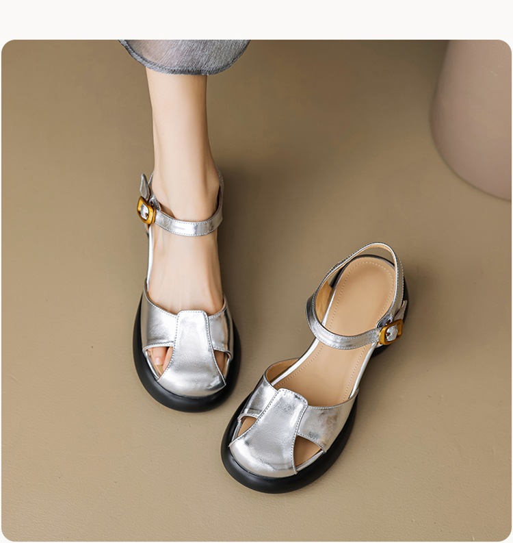 Sandal cao gót nữ bít mũi da cừu gót thô kiểu La Mã đế dày quai ngang — Màu trắng be chi tiết 12