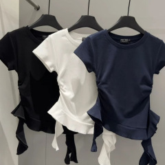 高品質フレンチバレエスタイルラウンドネック右肩半袖Tシャツレディース夏スリムフィット気質不規則なステッチとリボン付き