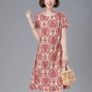 复古印花宽松短袖休闲连衣裙夏女显瘦遮肉中年妈妈碎花裙子小个子