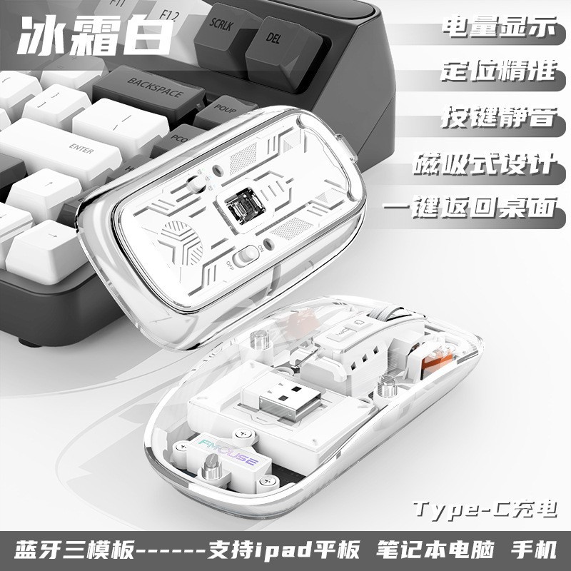Ratón inalámbrico, transparente, luminoso y silencioso, ratón Bluetooth, tres modos, adecuado para ipad, teléfono móvil, tableta, computadora portátil