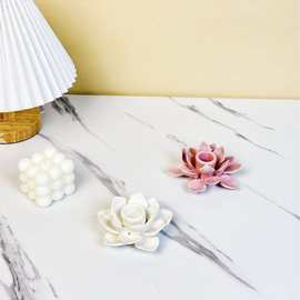 陶瓷烛台莲花摆件禅意家居室内客厅装饰品纯手工捏花长杆蜡烛容器