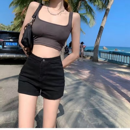 Denim shorts women's A-line tight summer high-waist slim ins hot girl style outer wear hip-covering straight elastic hot pants