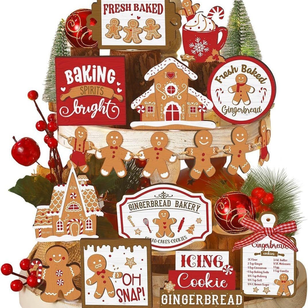 18 件圣诞分层托盘装饰套装冬季分层托盘装饰农舍桌面中心装饰品