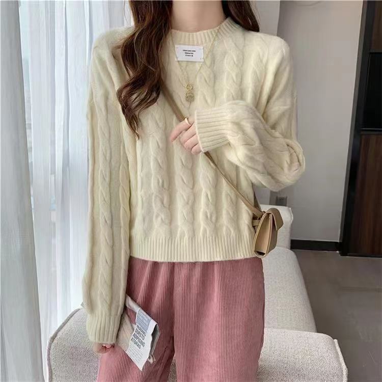 Mjg Autumn and Winter Pullover Cable Knit Sweater for Women, Short Style for Petite Figures, Soft and Cozy Lazy Style, Retro Base Knitwear with Round Neck
