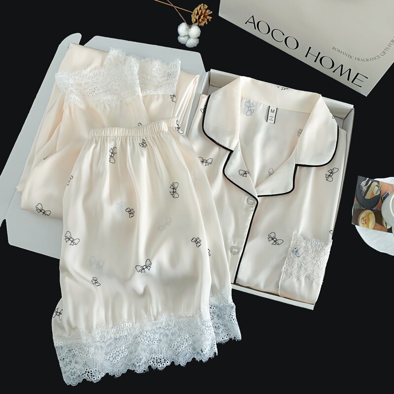 Summer Cool Ice Silk Short-Sleeved Pajamas for Women 2026 New Style Pure Lust Lace Home Wear Three-Piece Set