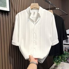 2025高級ストライプ五分袖シャツメンズファッションスリム半袖シャツ