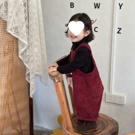 女童宽松灯芯绒背带裤套装男宝宝韩系连体裤打底衫儿童两件套童装