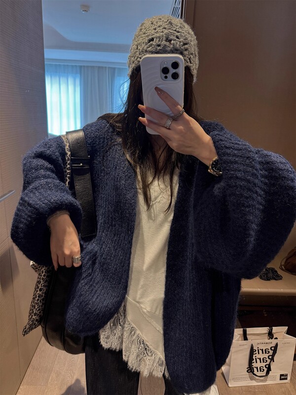 慵懒风松弛感灯笼袖毛衣女2025秋冬新款宽松休闲软糯针织开衫外套|undefined