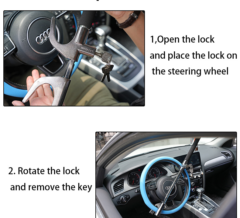 Car Steering Wheel Lock, Anti-Theft Lock, Small Car Front Lock, Safety Self-Defense Retractable Handlebar Lock, Anti-Theft Device