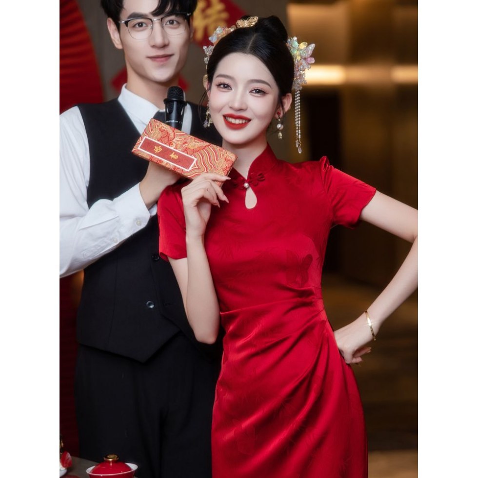 Red Cheongsam Women's New Chinese Toast Dress Bride Slimming Improved Engagement Dress Back to the Door Wedding Dress