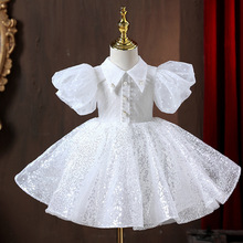 儿童小主持人礼服洋气女童模特走秀钢琴演出服白色女童周岁公主裙