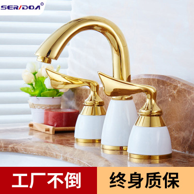 厂家浴室柜卫生间批发全铜仿古黑白色冷热开关欧式三孔水龙头防溅