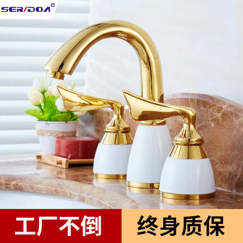 厂家浴室柜卫生间批发全铜仿古黑白色冷热开关欧式三孔水龙头防溅