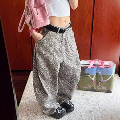 2025夏季热卖水洗豹纹牛仔裤美式复古休闲显瘦百搭时髦阔腿长裤女