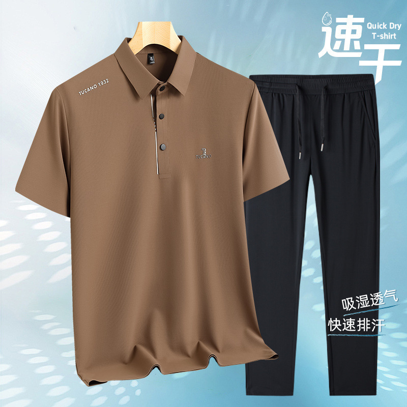 キツツキ夏アイスシルクシームレススーツメンズ半袖 Tシャツカジュアルパンツ 2025 新しいお父さんツーピースセット|undefined
