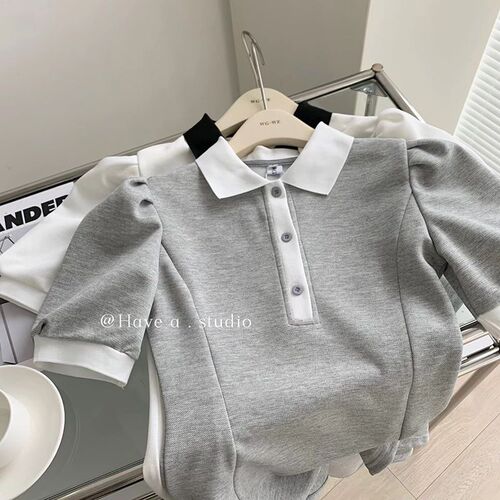 French puff sleeve short-sleeve dress for women, summer, waist-cinching, slimming, stomach covering, POLO collar, long dress