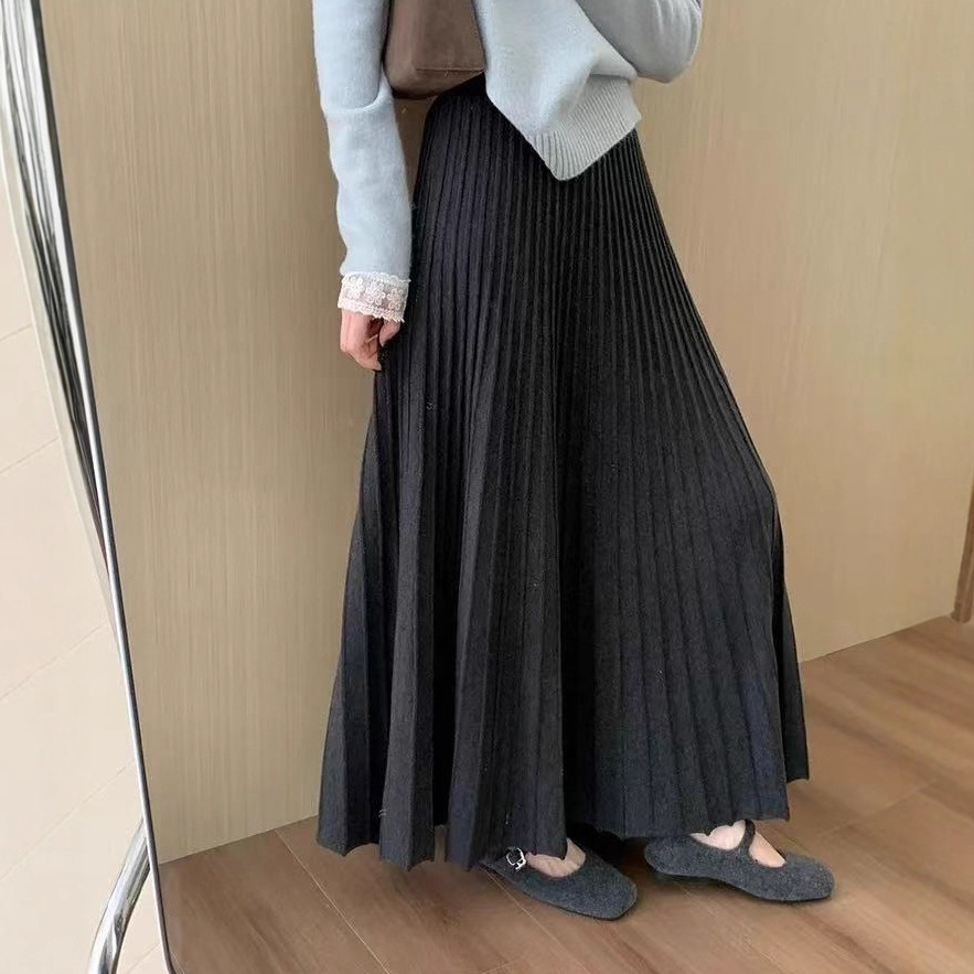 高腰显瘦羊绒加厚百褶半身裙2025冬季女装韩版百搭休闲淑女风伞裙