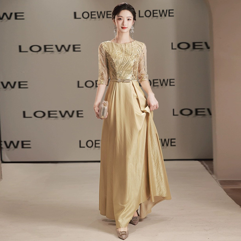 Chorus costume female Golden recitation host long dress banquet temperament etiquette evening dress command costume