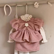 女童周岁套装秋款小香风儿童装泡泡袖娃娃衫女宝宝韩版半裙二件套