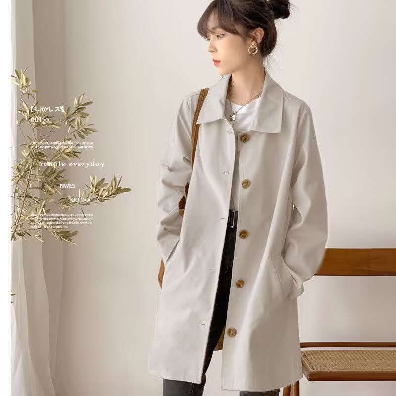 Women's Mid-Length Trench Coat, Simple Early Spring and Autumn Top, Korean Style Loose Student Solid Color Versatile Jacket Trendy Ins